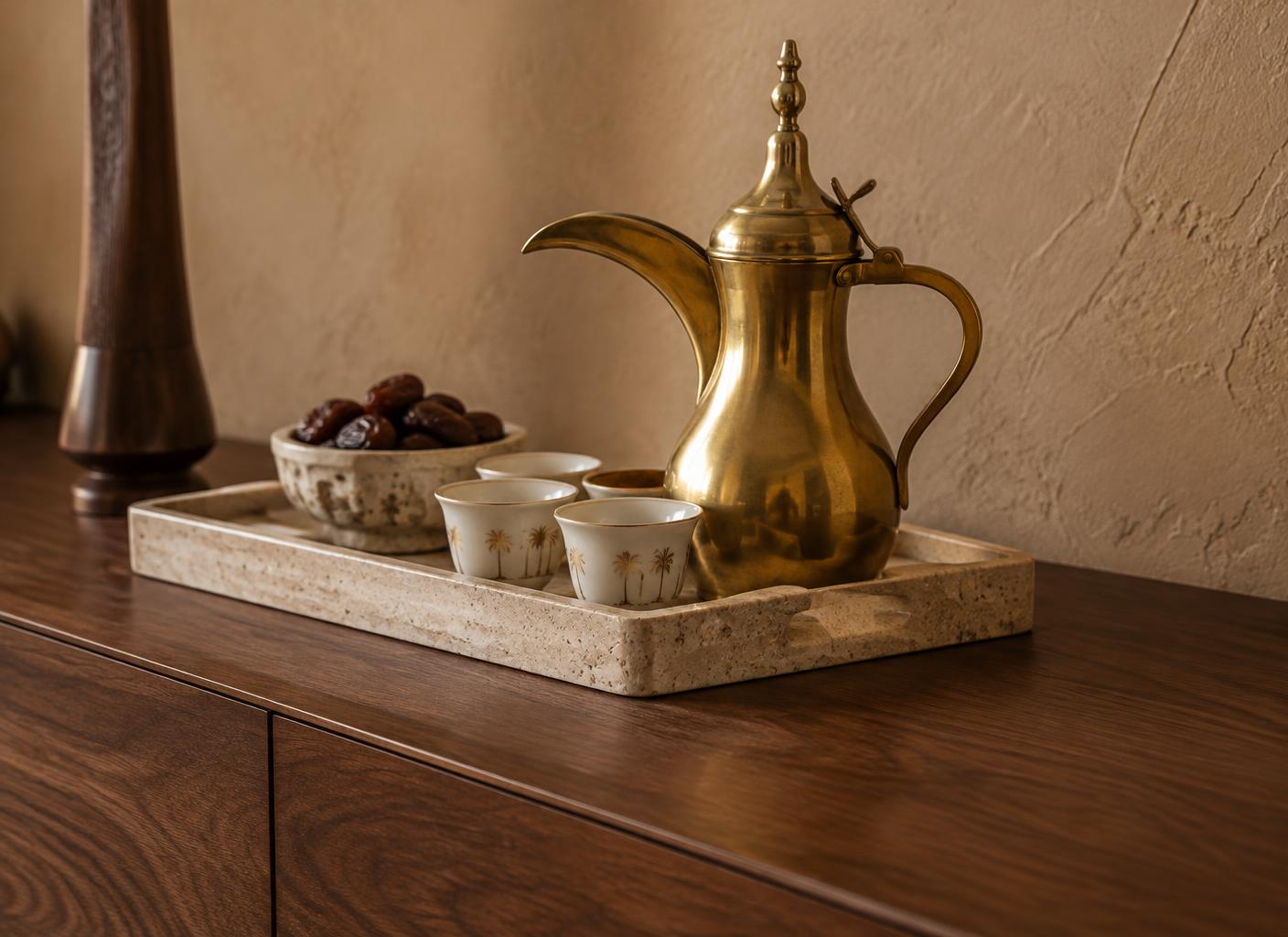 Conceptual Design Visualisation — a brass dallah and finjan cups on a travertine tray atop walnut joinery