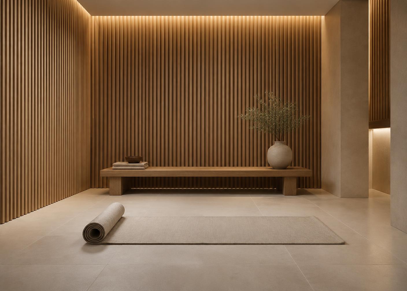 A private wellness room with oak-slatted walls, a timber bench and a rolled linen mat — Conceptual Design Visualisation.
