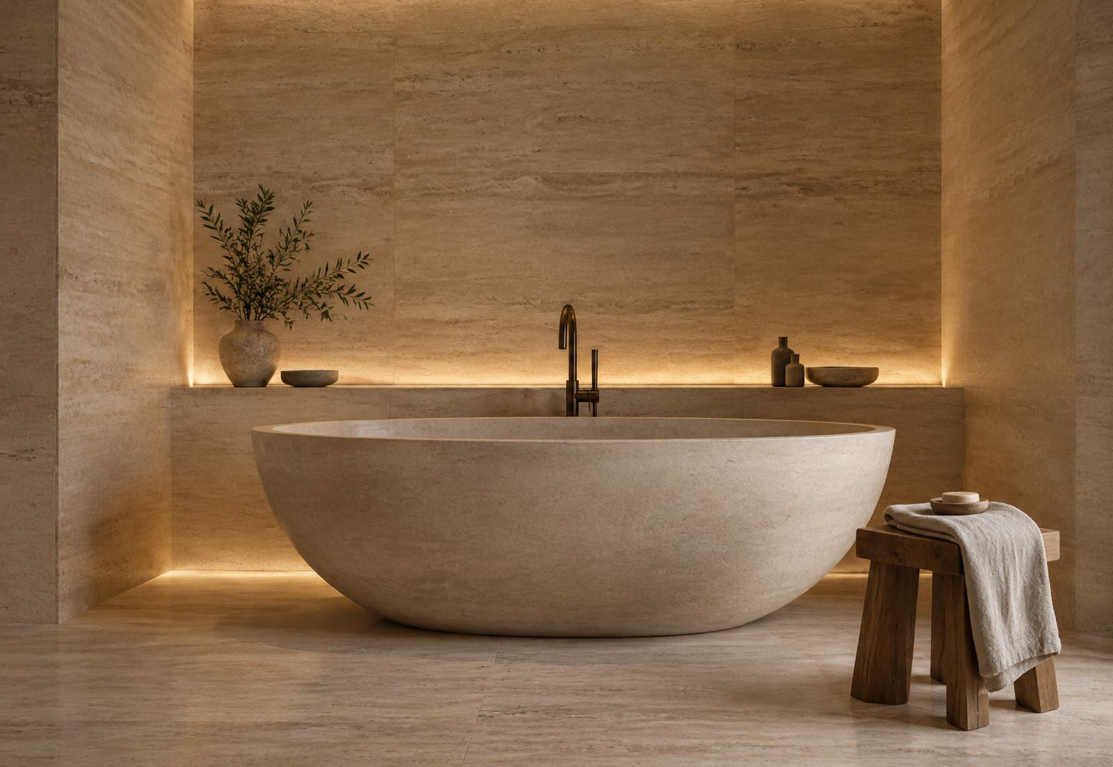 A spa-inspired bathroom with a freestanding stone bath and softly lit travertine walls — Conceptual Design Visualisation.