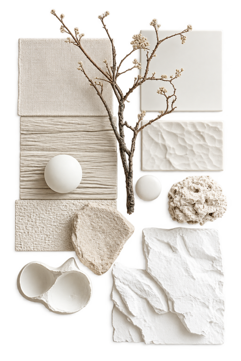 Material study for Amalfi Villa: honed porcelain, split-face stone, porous tufa, chiselled plaster, raked panel, sandstone, limestone, woven linen and a cast chalk vessel