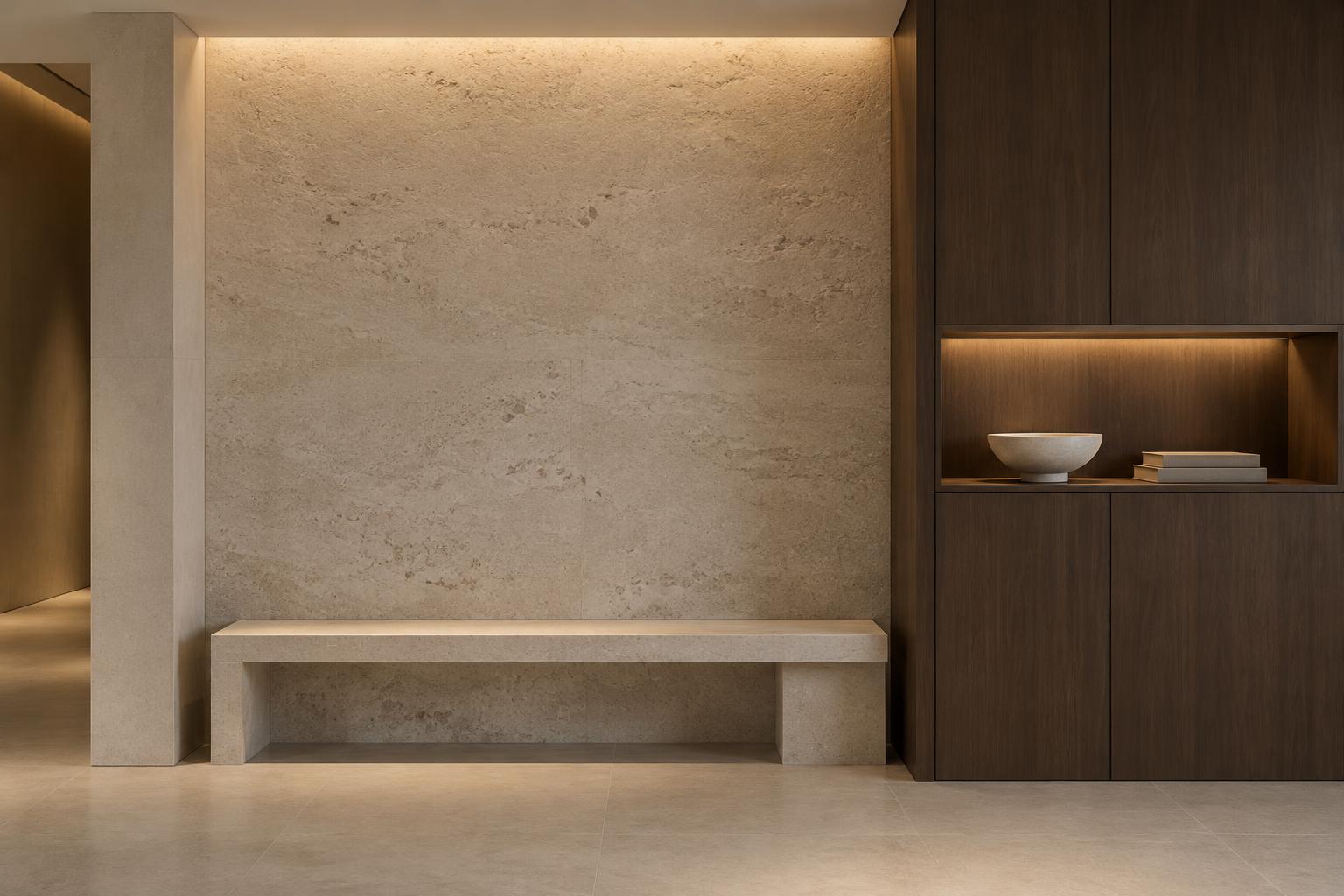 Concealed lighting revealing stone and timber in an imagined interior — Conceptual Design Visualisation.