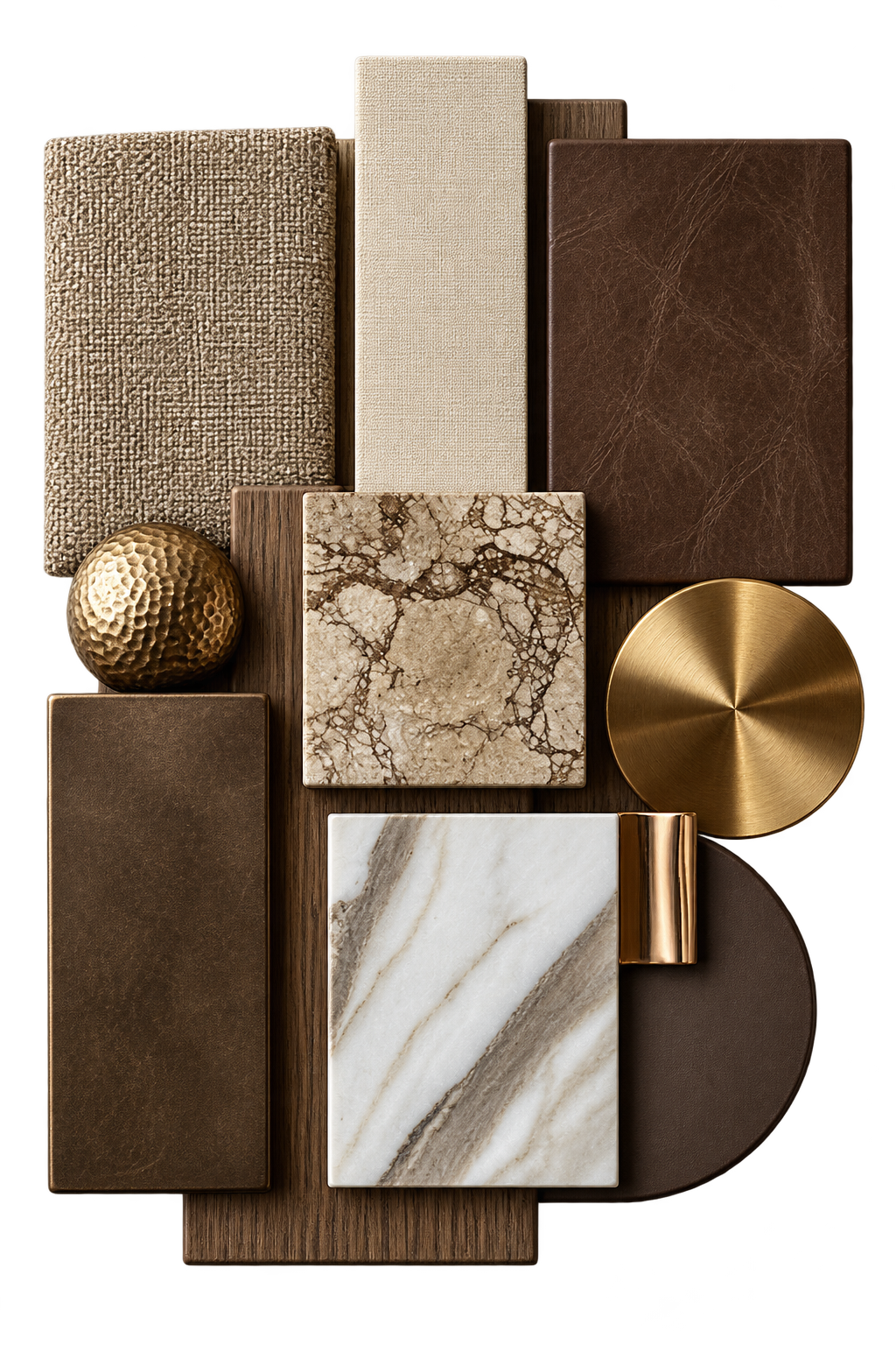 Material study for Golf Place Villa: oak, marble, hammered bronze, brass, copper, bouclé, linen and leather