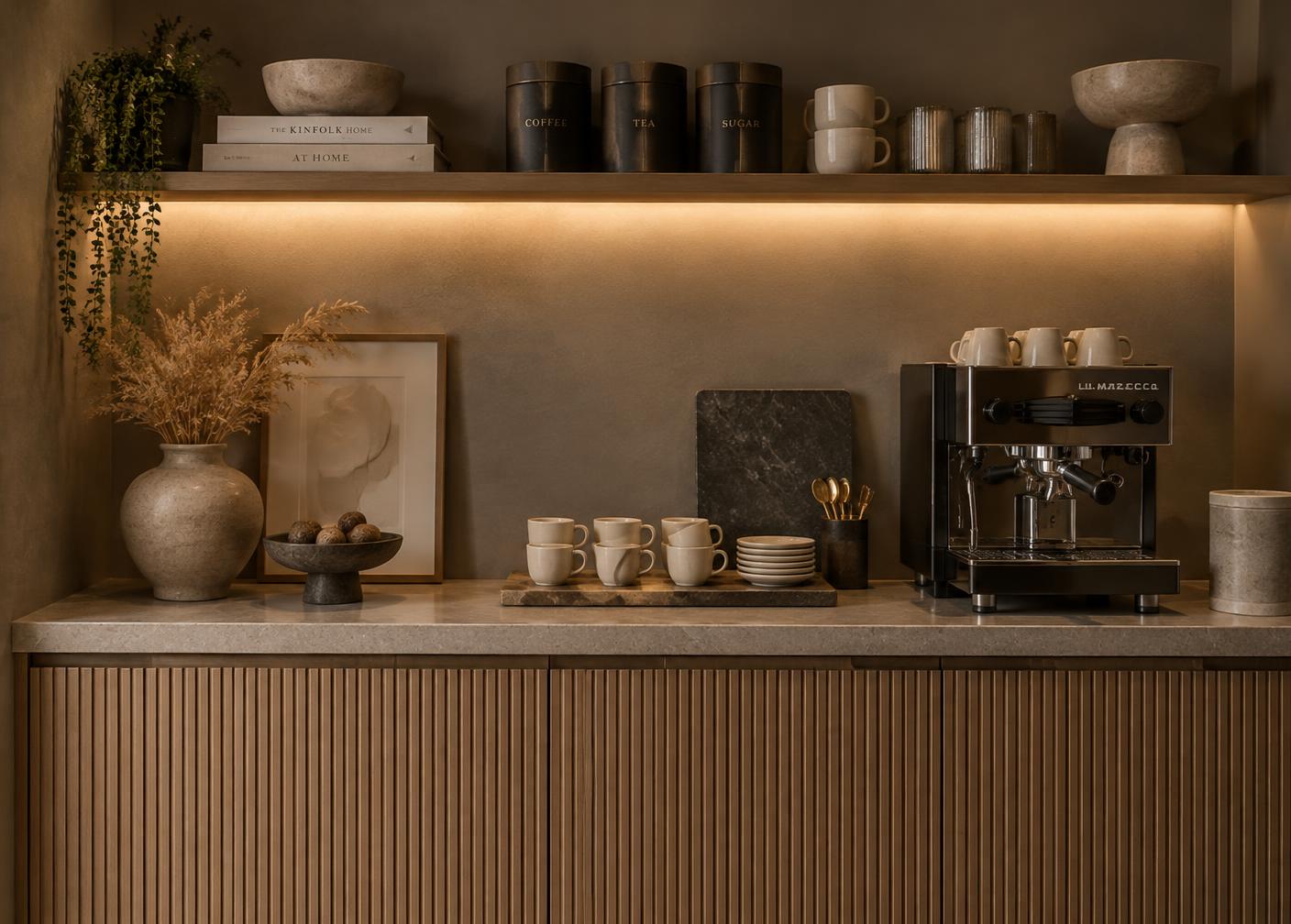 Conceptual Design Visualisation — a considered office coffee point with fluted oak cabinetry, stone worktop and warm under-shelf lighting