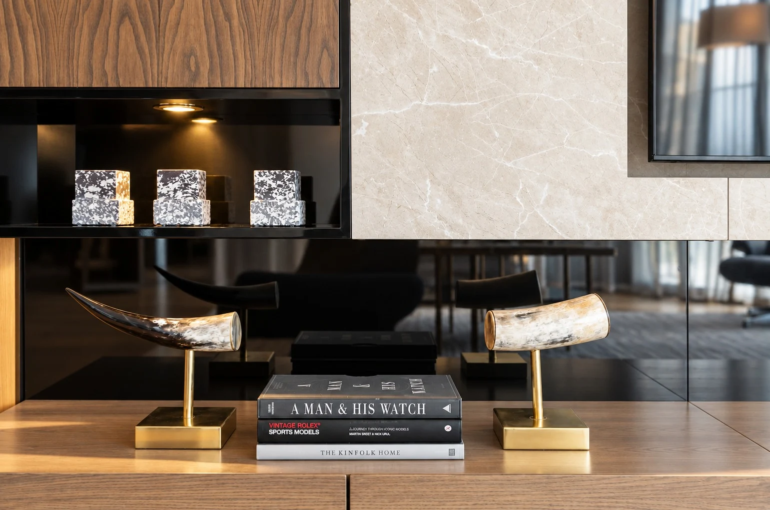 Bvlgari Residences II — Artwork, lighting and curated objects are thoughtfully arranged across the bespoke console, creating a refined, layered composition.