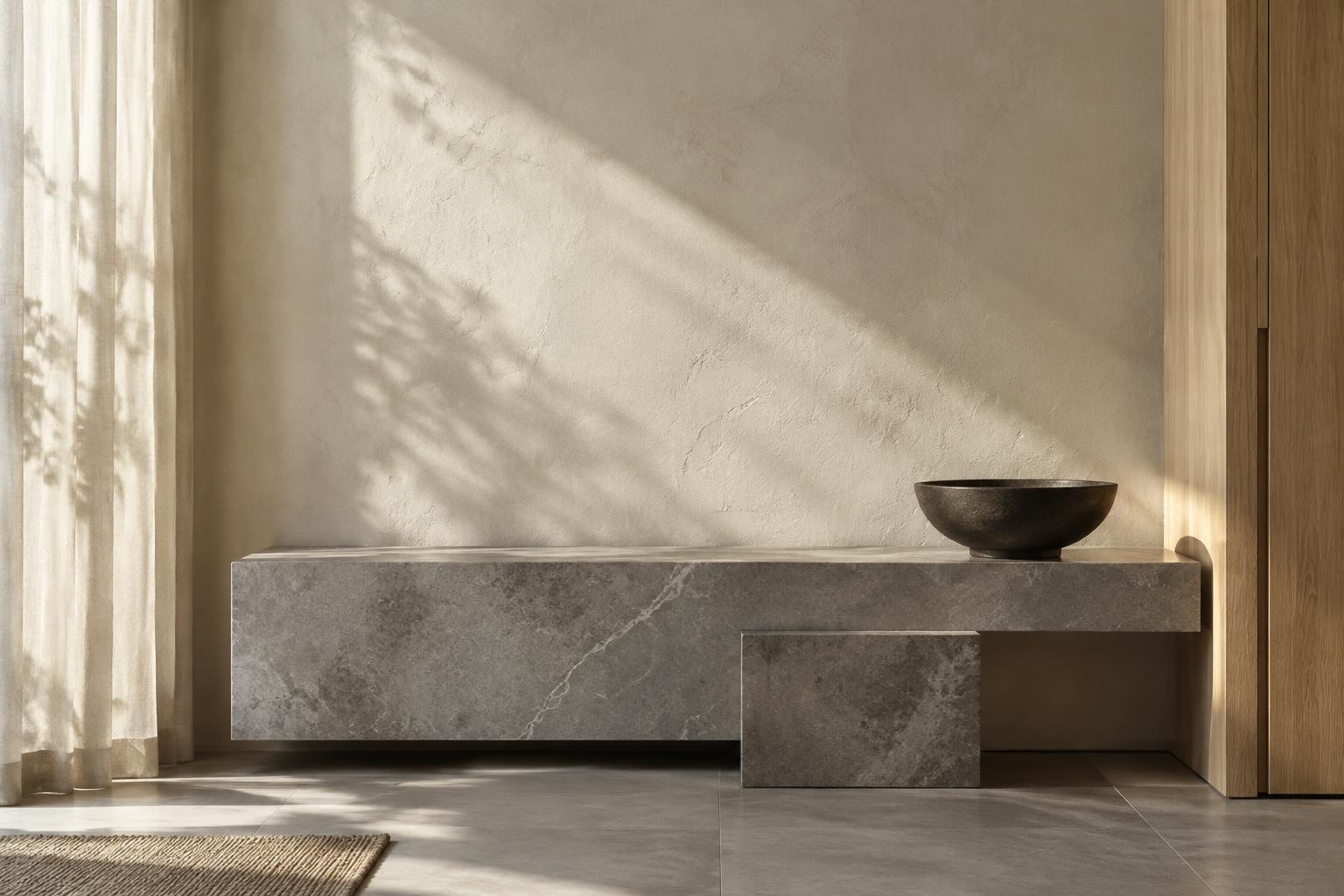 Daylight revealing plaster, limestone and oak — Conceptual Design Visualisation.
