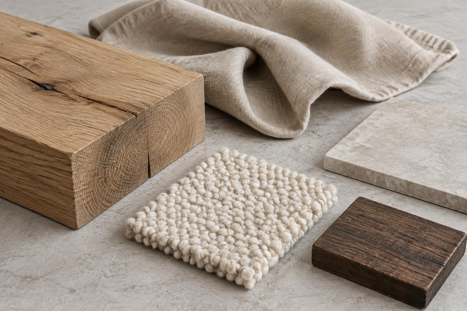 Oak, linen, wool and honed stone — Conceptual Design Visualisation.