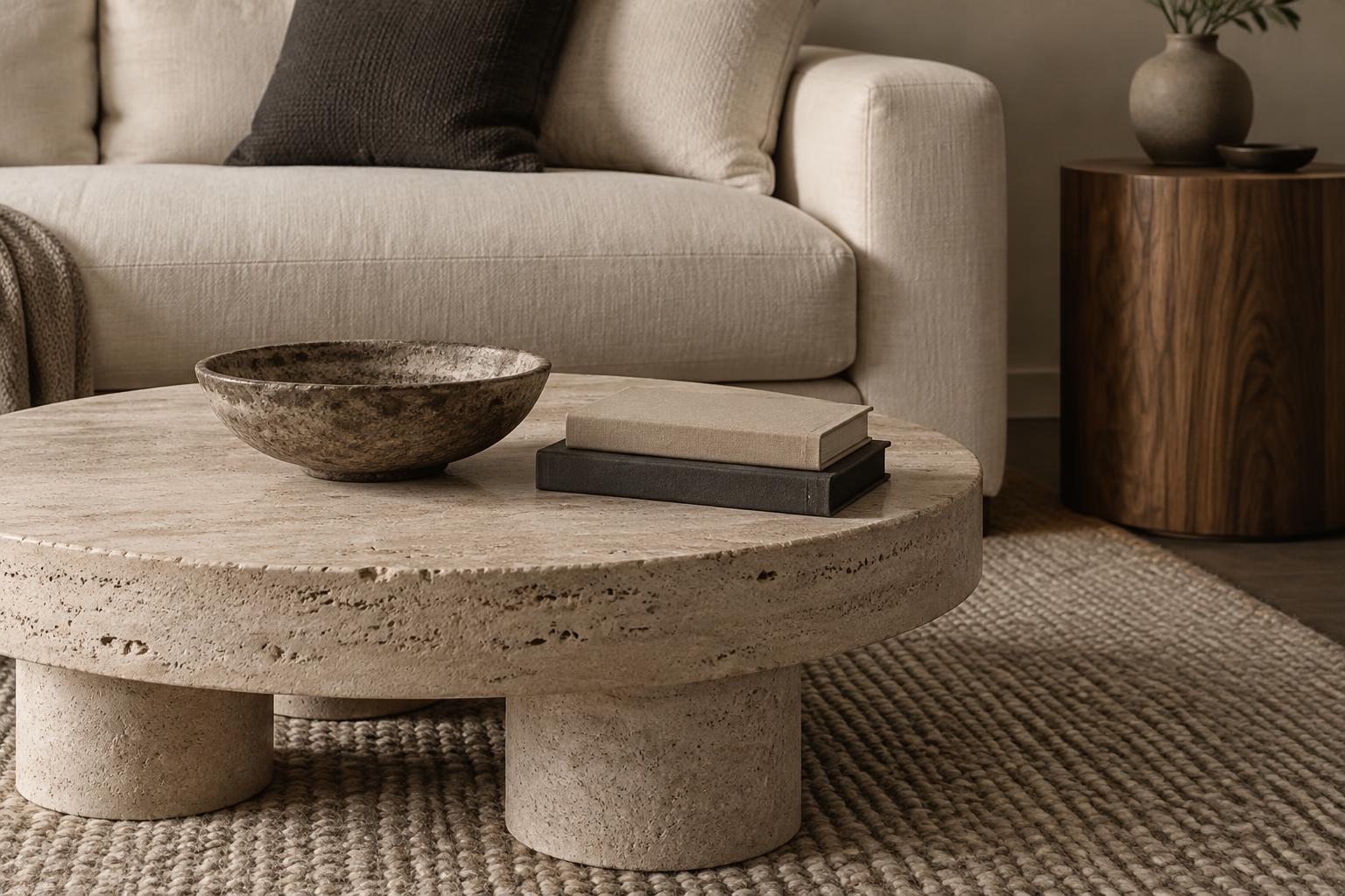 Honed travertine, linen upholstery and walnut bring depth to a restrained living room — Conceptual Design Visualisation.