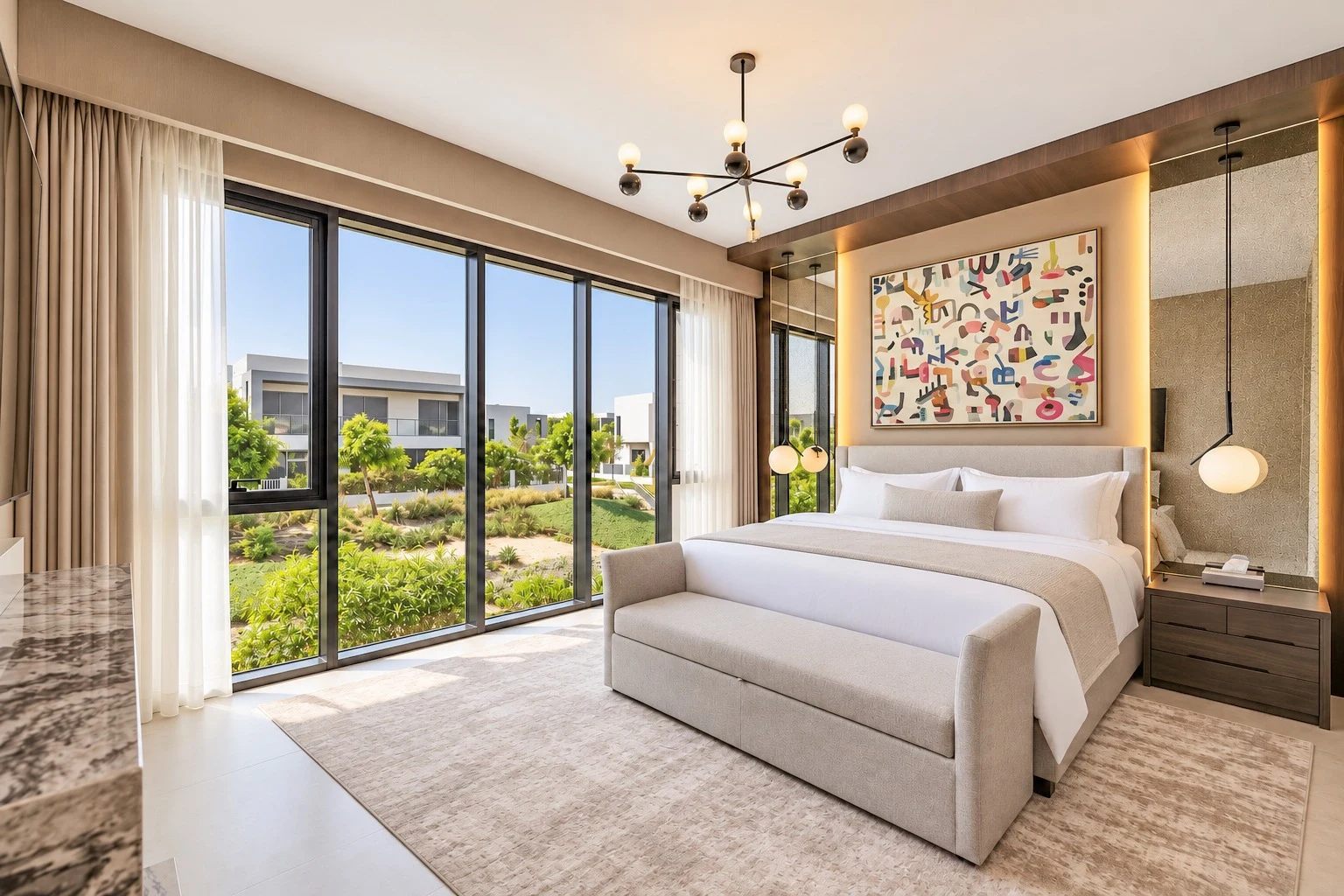 Sidra 1 Villa — Soft upholstery, warm wood, textured stone and sculptural lighting create a refined, contemporary retreat.