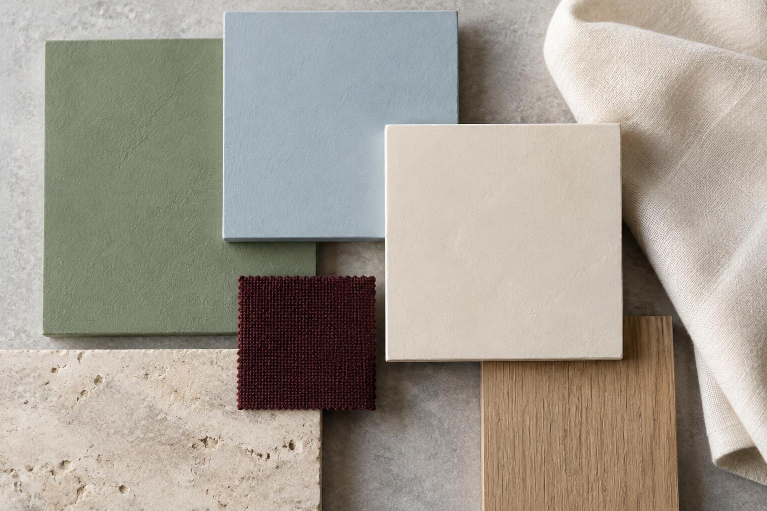 Muted green, soft blue and burgundy with limestone, oak and linen — Conceptual Design Visualisation.