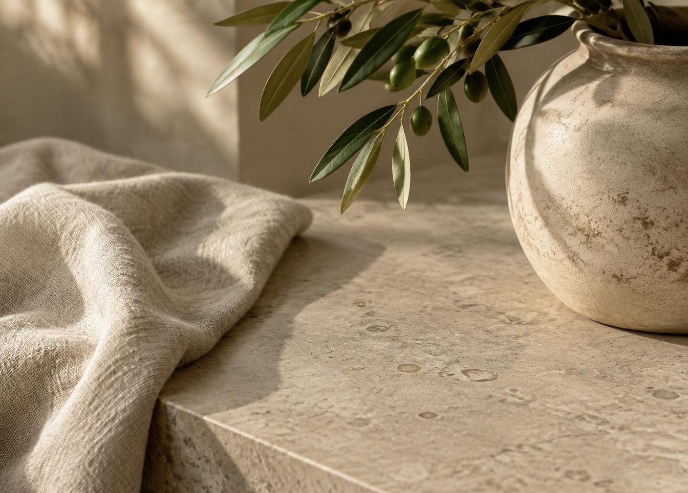 Honed limestone, natural linen and olive leaves in soft directional light — Conceptual Design Visualisation.