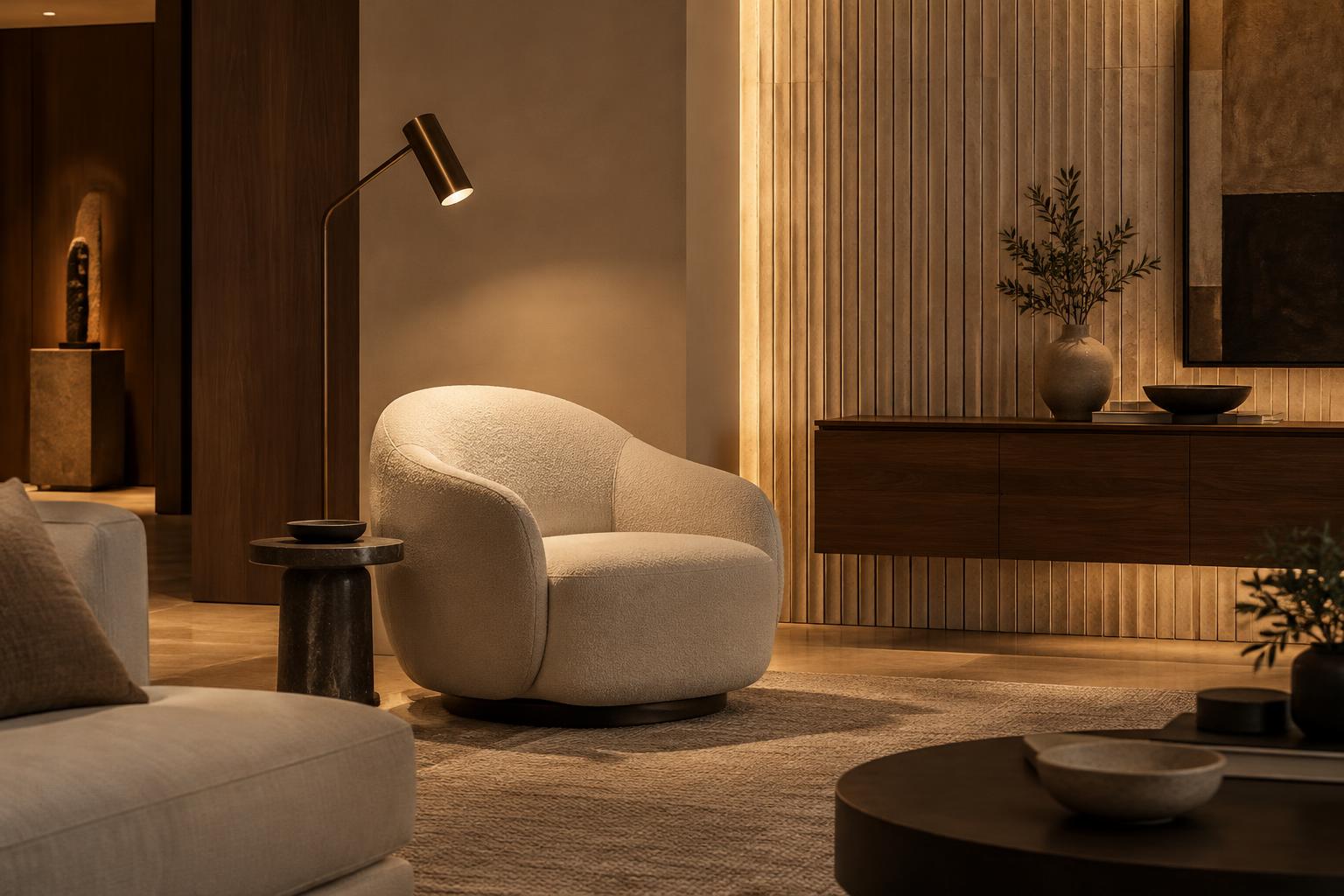 Layered lighting reveals fluted stone and defines a quiet reading corner — Conceptual Design Visualisation.