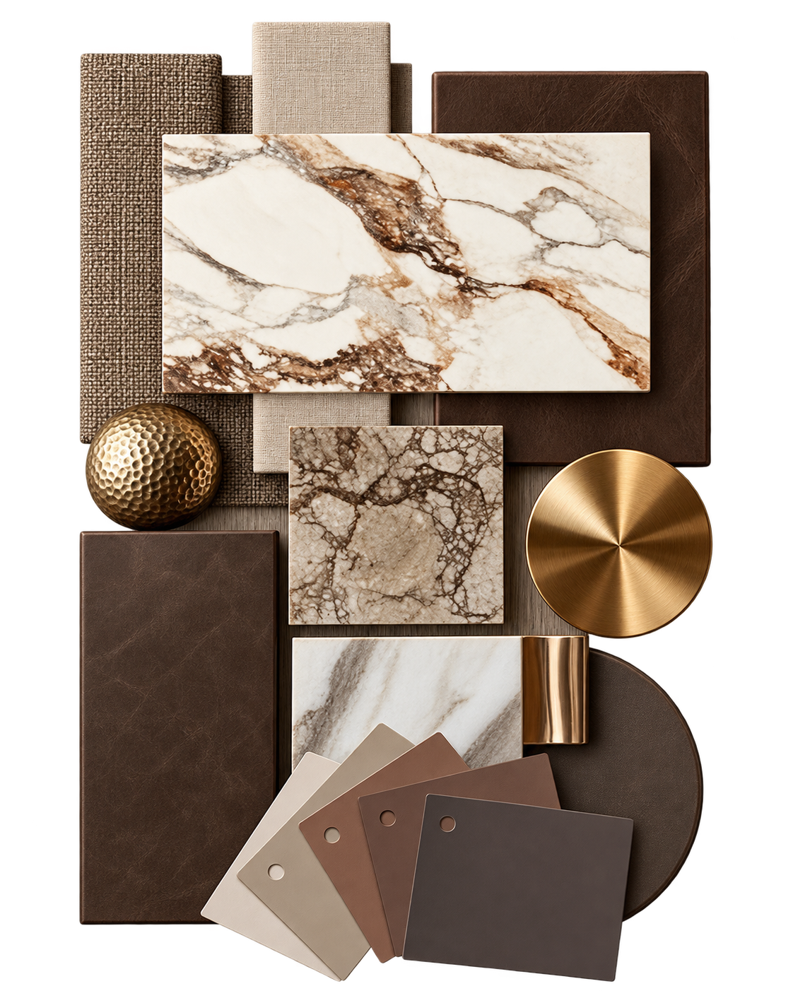 Material study for Sidra 1 Villa: veined marbles, brown-veined stone, chocolate leather, woven textiles, linen, brushed bronze, hammered brass and a range of leather swatches