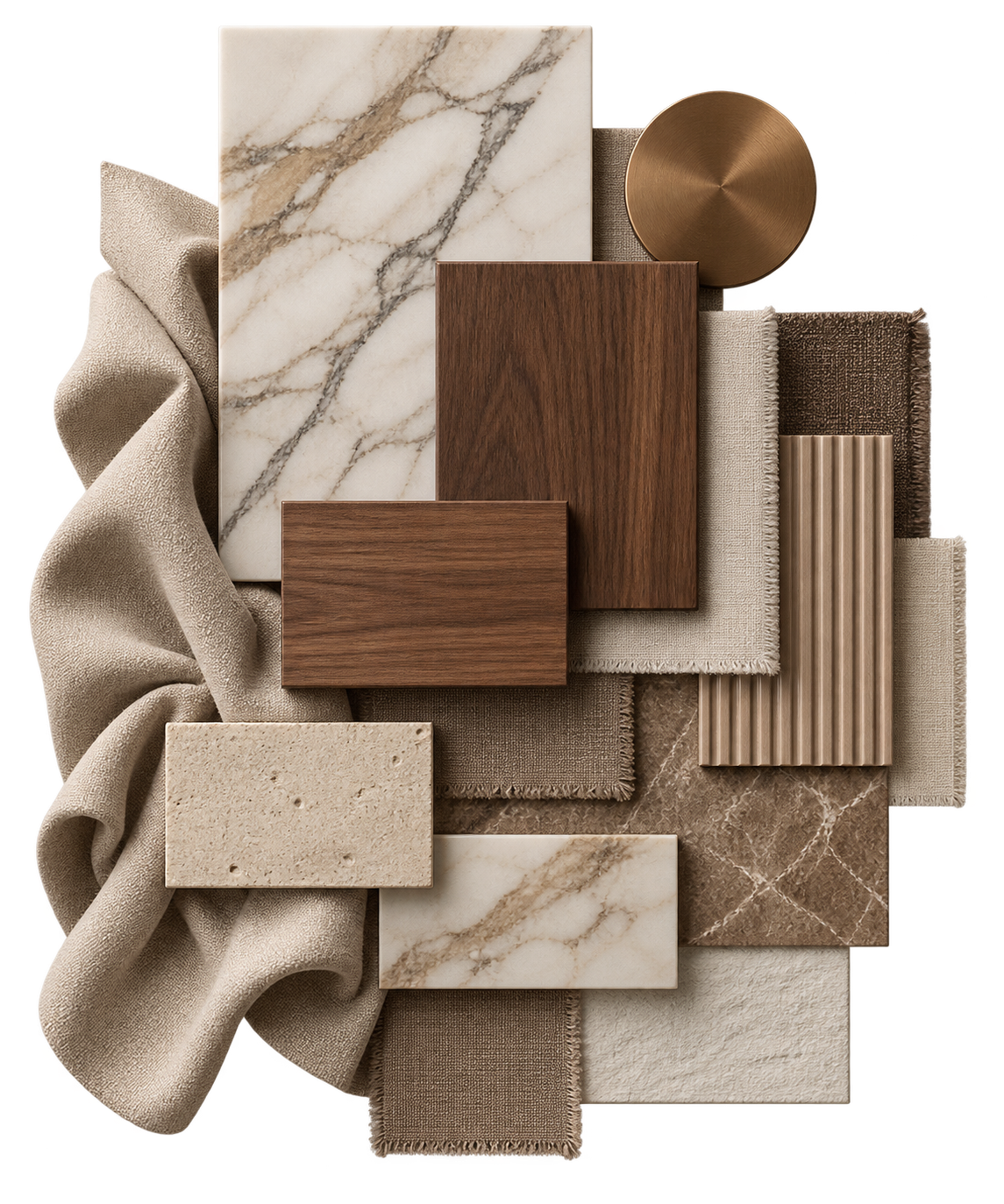 Material study for Golf Place II Villa: veined marble, porous travertine, walnut veneer, brushed bronze, fluted panel, draped linen, bouclé and coarse burlap