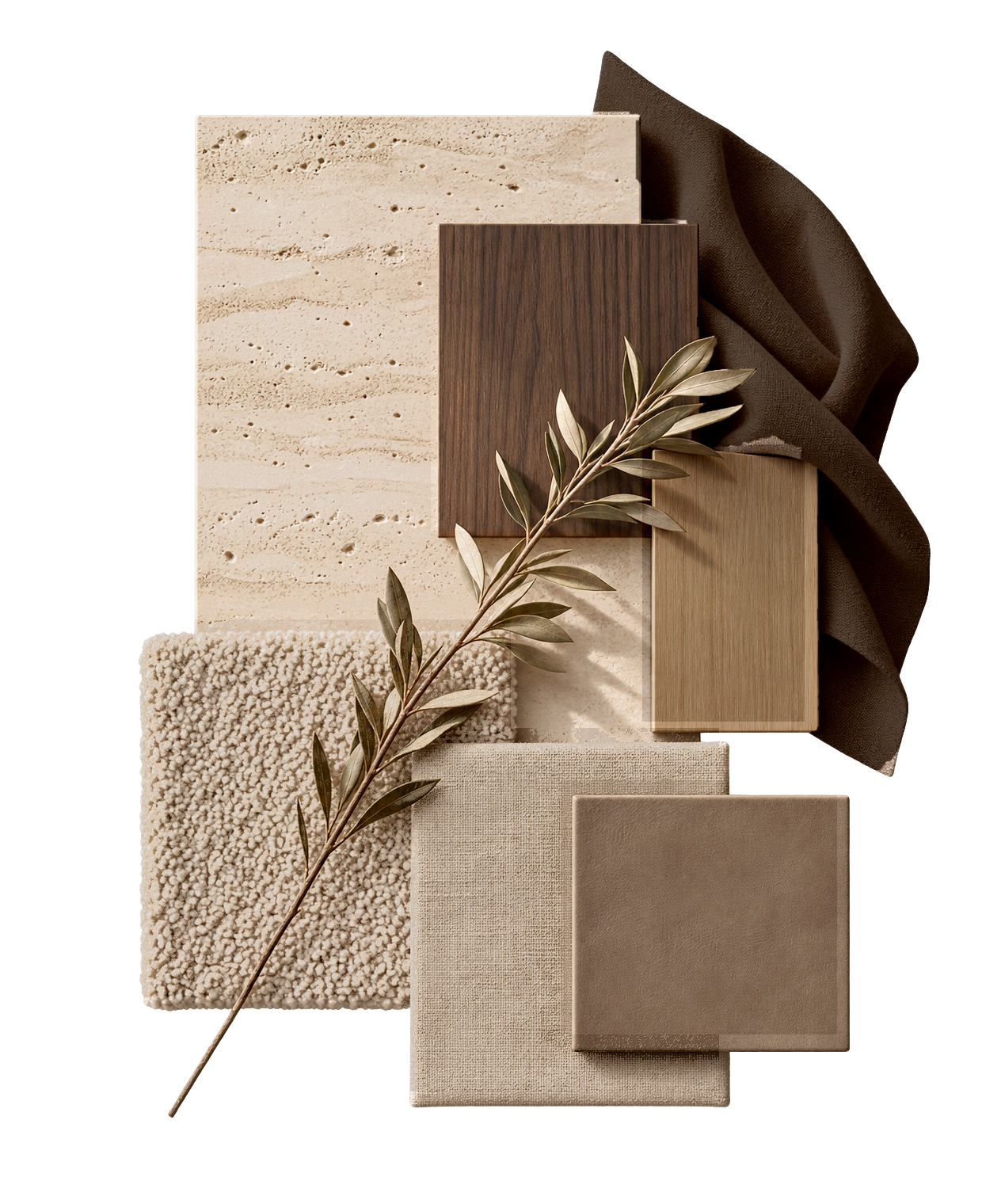 Material study for Bvlgari Residences I: honed travertine, dark walnut and golden oak veneers, draped charcoal cloth, oatmeal bouclé, woven linen and muted taupe leather
