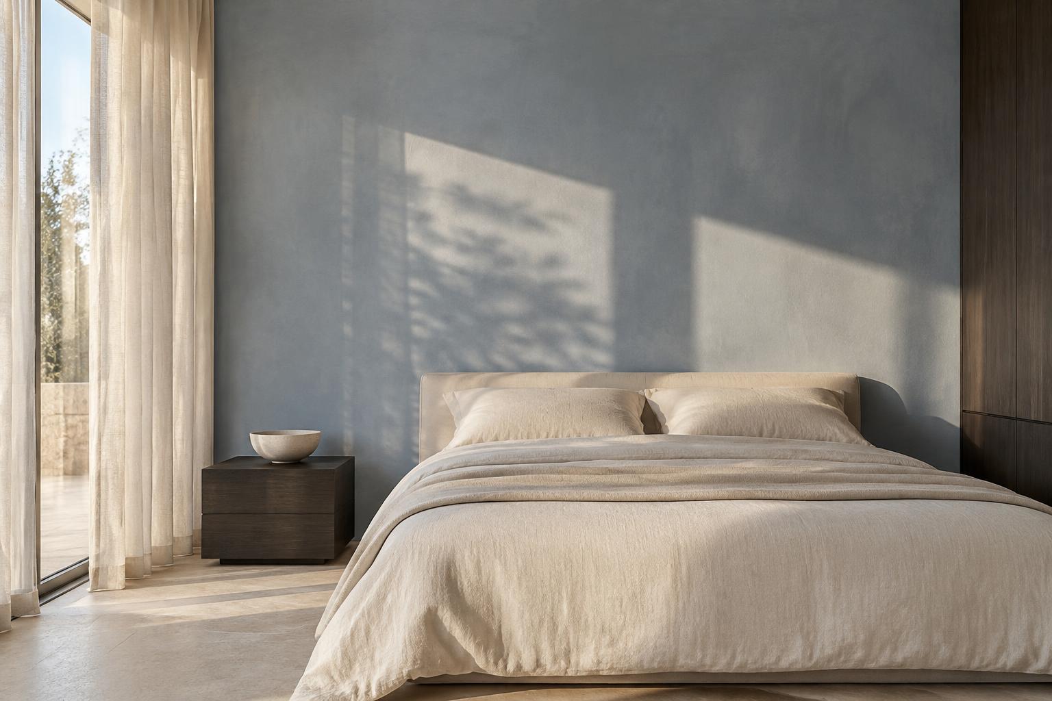 Soft blue plaster and ivory linen in changing daylight — Conceptual Design Visualisation.