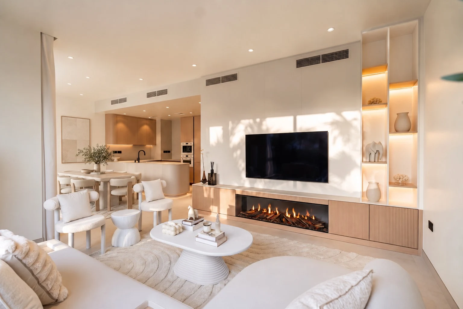 Maple Villa — A refined living space combining bespoke joinery, warm natural finishes and sculptural furnishings, with an integrated fireplace creating a seamless sense of comfort and elegance.