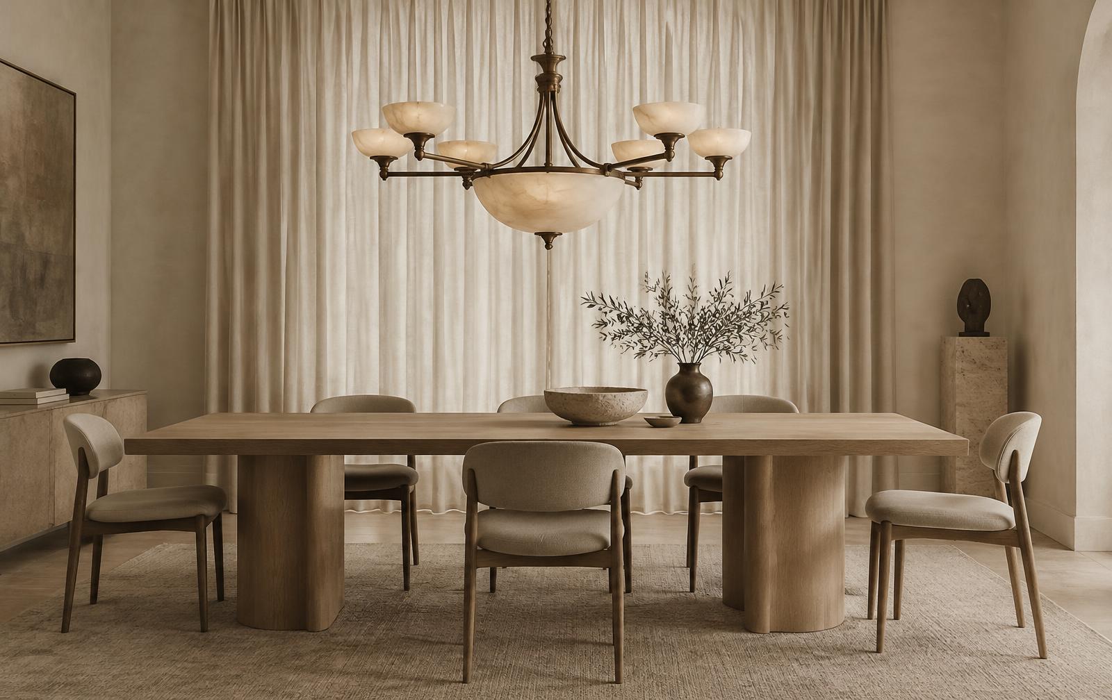 A heritage alabaster chandelier above a contemporary oak dining table — Conceptual Design Visualisation.