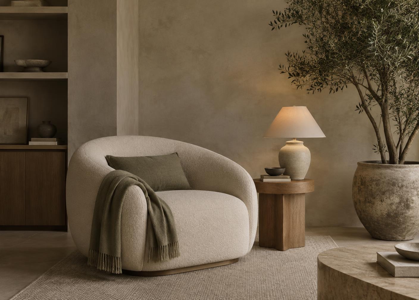 A quiet reading corner with a bouclé lounge chair, oak side table and indoor olive tree — Conceptual Design Visualisation.