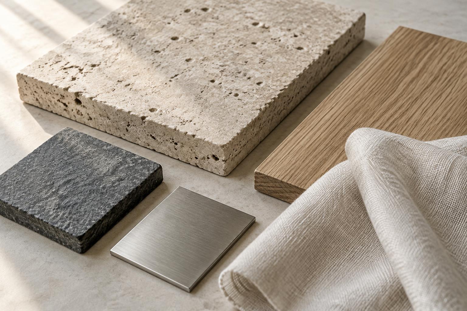 Honed stone, brushed oak and woven linen — Conceptual Design Visualisation.