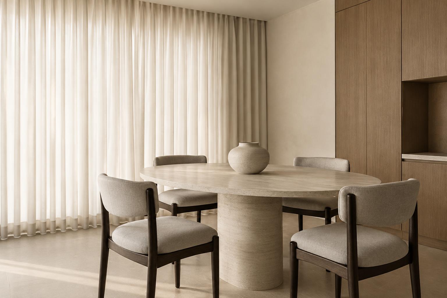 Daylight diffused through closed sheers in an imagined dining space — Conceptual Design Visualisation.