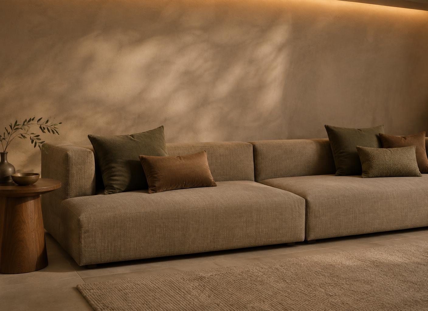 Conceptual Design Visualisation — contemporary majlis seating in tailored linen with warm timber and soft architectural light