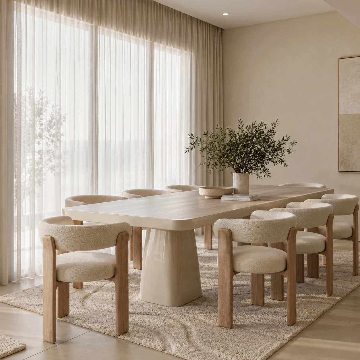 Maple Villa — A bespoke sculptural dining table and softly upholstered chairs form a calm, cohesive composition.