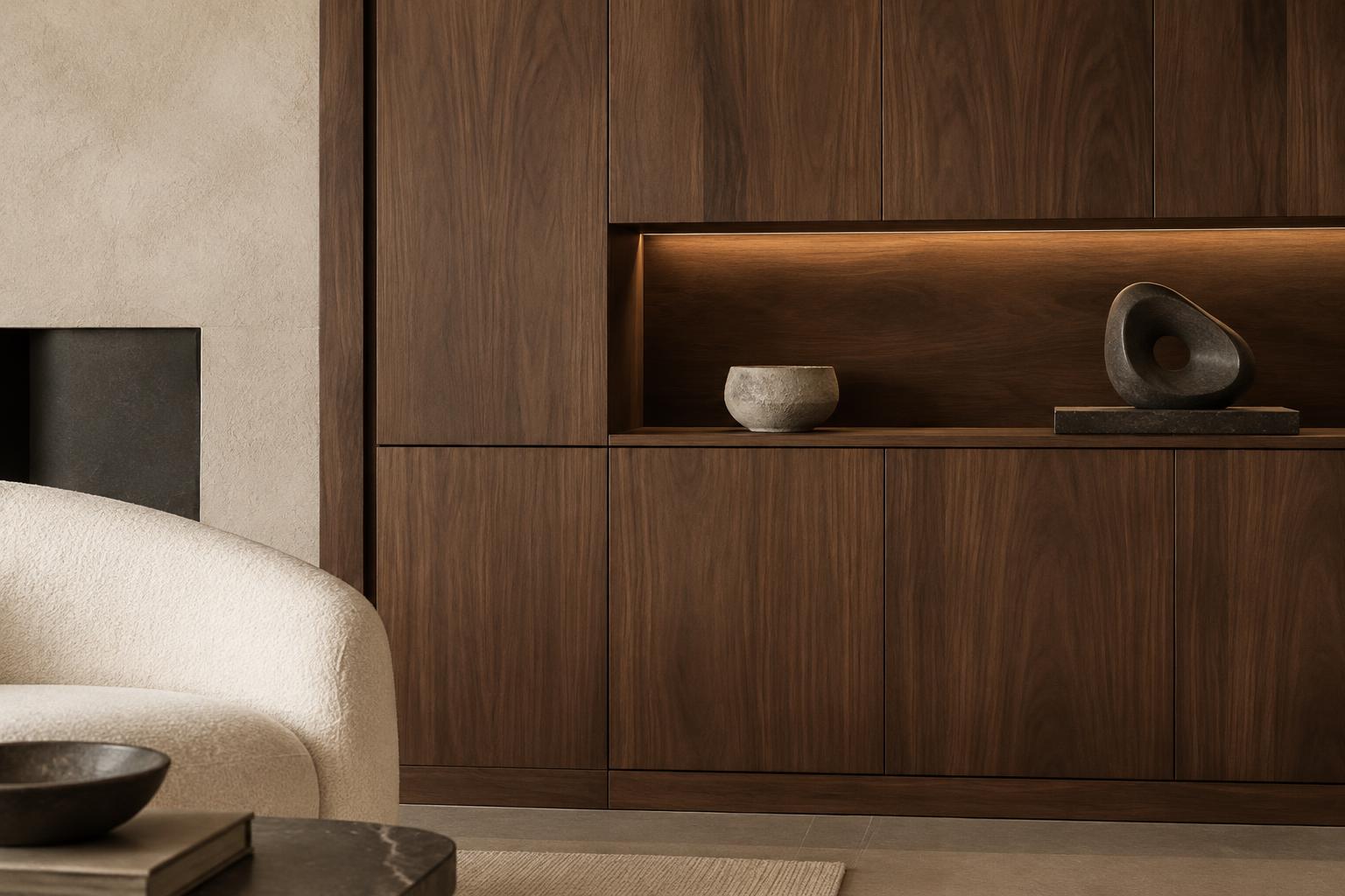 Flush walnut storage and a softly illuminated niche integrate practical joinery — Conceptual Design Visualisation.