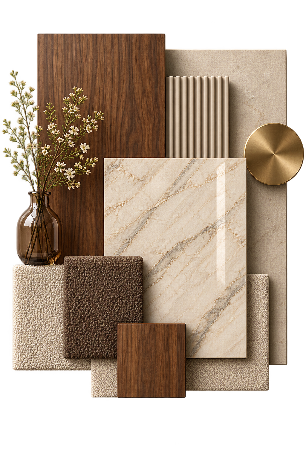 Material study for Bvlgari Residences II: walnut, marble, limestone, fluted plaster, brass and bouclé