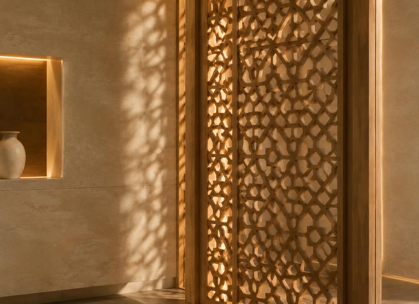 Conceptual Design Visualisation — a contemporary mashrabiya-inspired timber screen casting soft patterned light