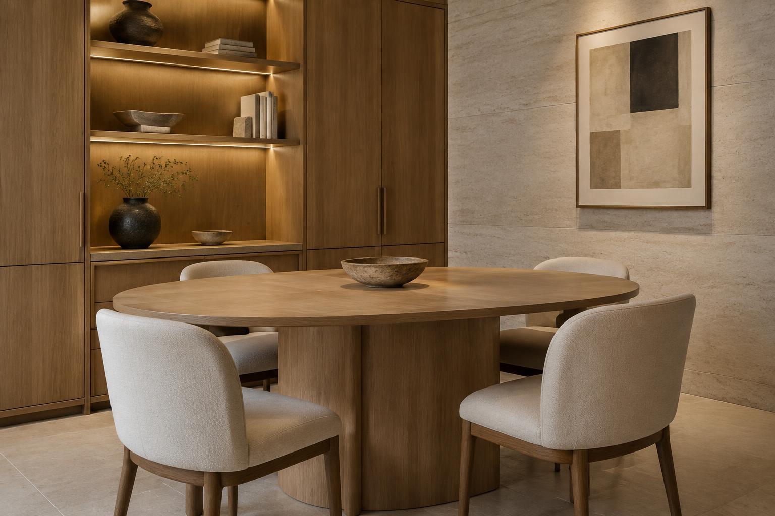 Oak joinery and individually proportioned dining furniture — Conceptual Design Visualisation.