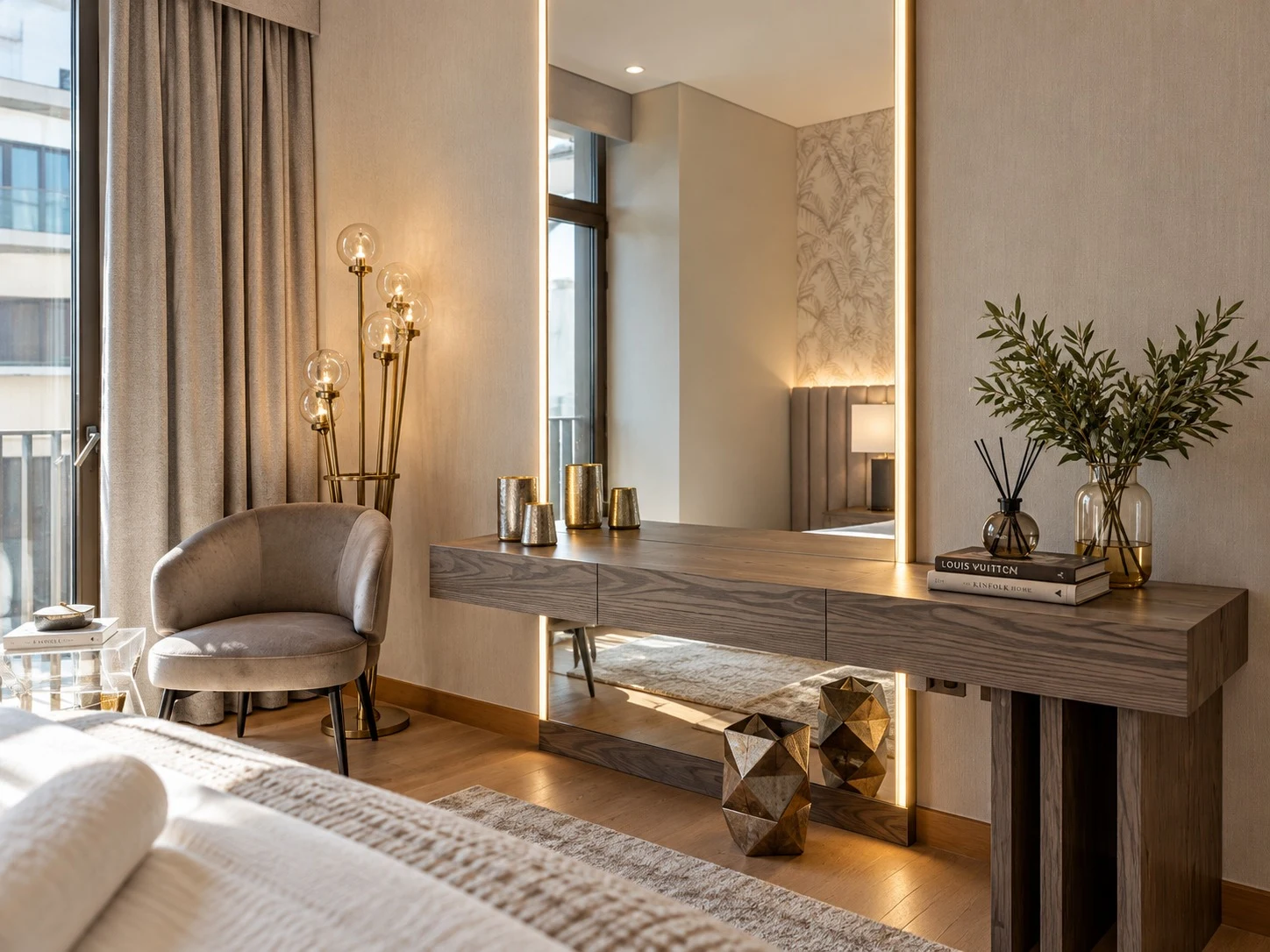Bvlgari Residences II — The bespoke timber console is framed by illuminated mirror panels, extending light and depth through the room.