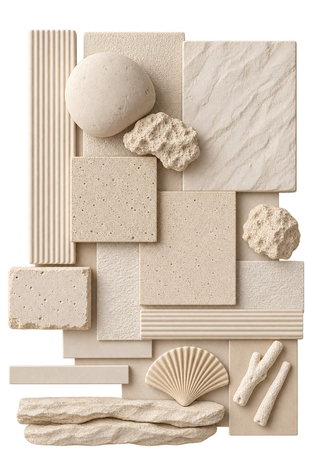 Material study for Maple Villa: fluted ceramic, honed travertine, speckled limestone, sand-cast plaster, fluted moulding, scalloped shell plaque, split-face sandstone, porous coral and rough limestone