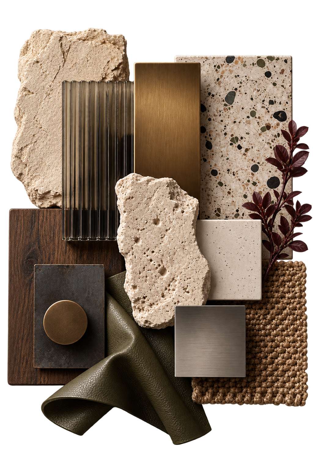 Material study for Jumeirah Bay Island Mansion: stone, fluted glass, bronze, terrazzo, timber, leather and woven textile