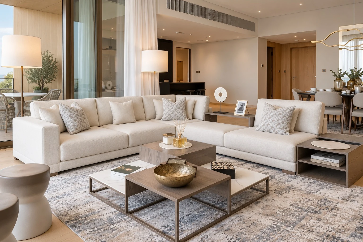 Bvlgari Residences I, Jumeirah Bay Island, Dubai — open-plan living room with layered seating and terrace glazing